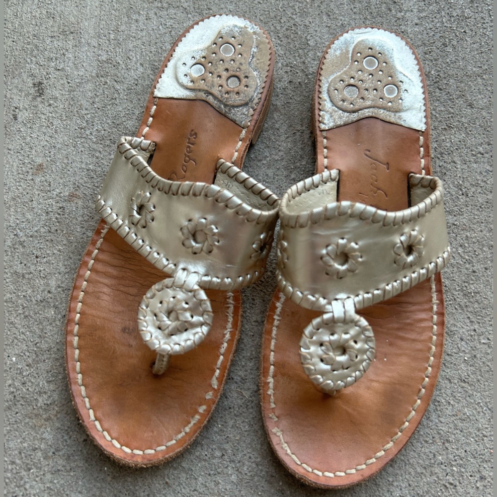 Jack Rogers Gold Leather Sandals with Embroidered Details